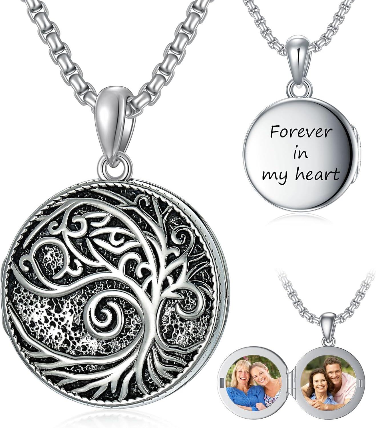 Sterling Silver Rose Tree of Life Locket Necklace for Women Men Photo Pendant Fathers Day Birthday Anniversary Christmas Gifts-Tree of Life