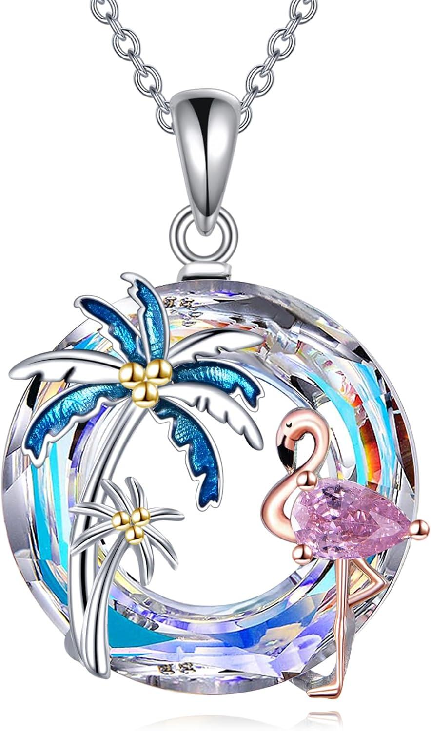 Sterling Silver Crystal Flamingo Pendant Necklace w Palm Trees-Flamingo-AB