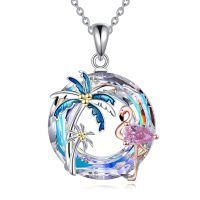wholesale 925 Sterling Silver Pink Crystal Flamingo & Palm Tree Pendant Necklace-Flamingo-AB