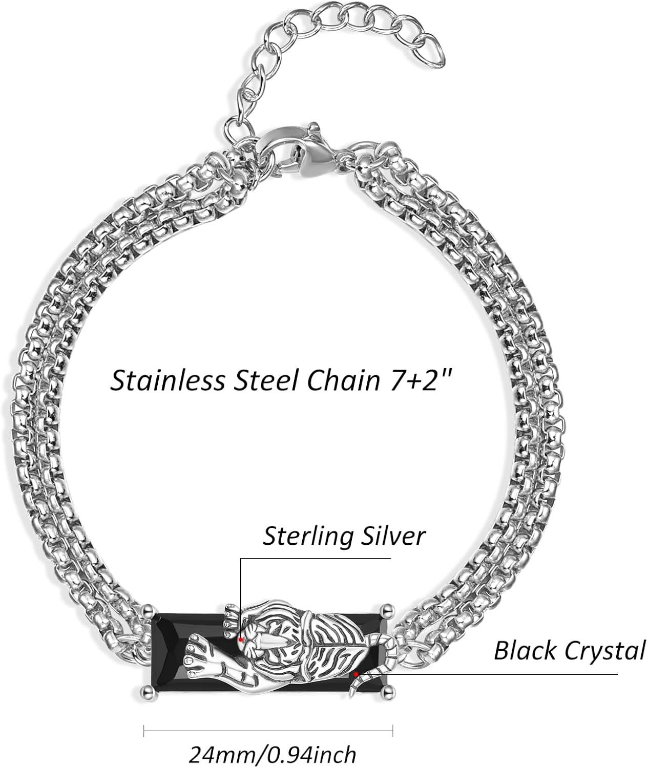 925 Sterling Silver Black Crystal Tiger Head Chain Link Bracelet for Men & Women-0-4