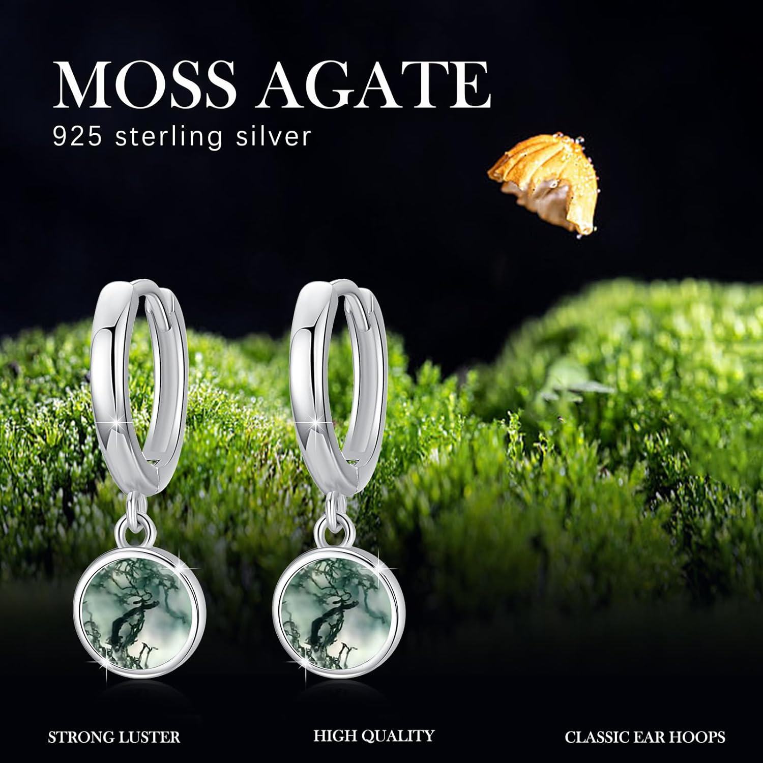 925 Sterling Silver Green Moss Agate Huggie Hoop Earrings with Round Drops-0-5
