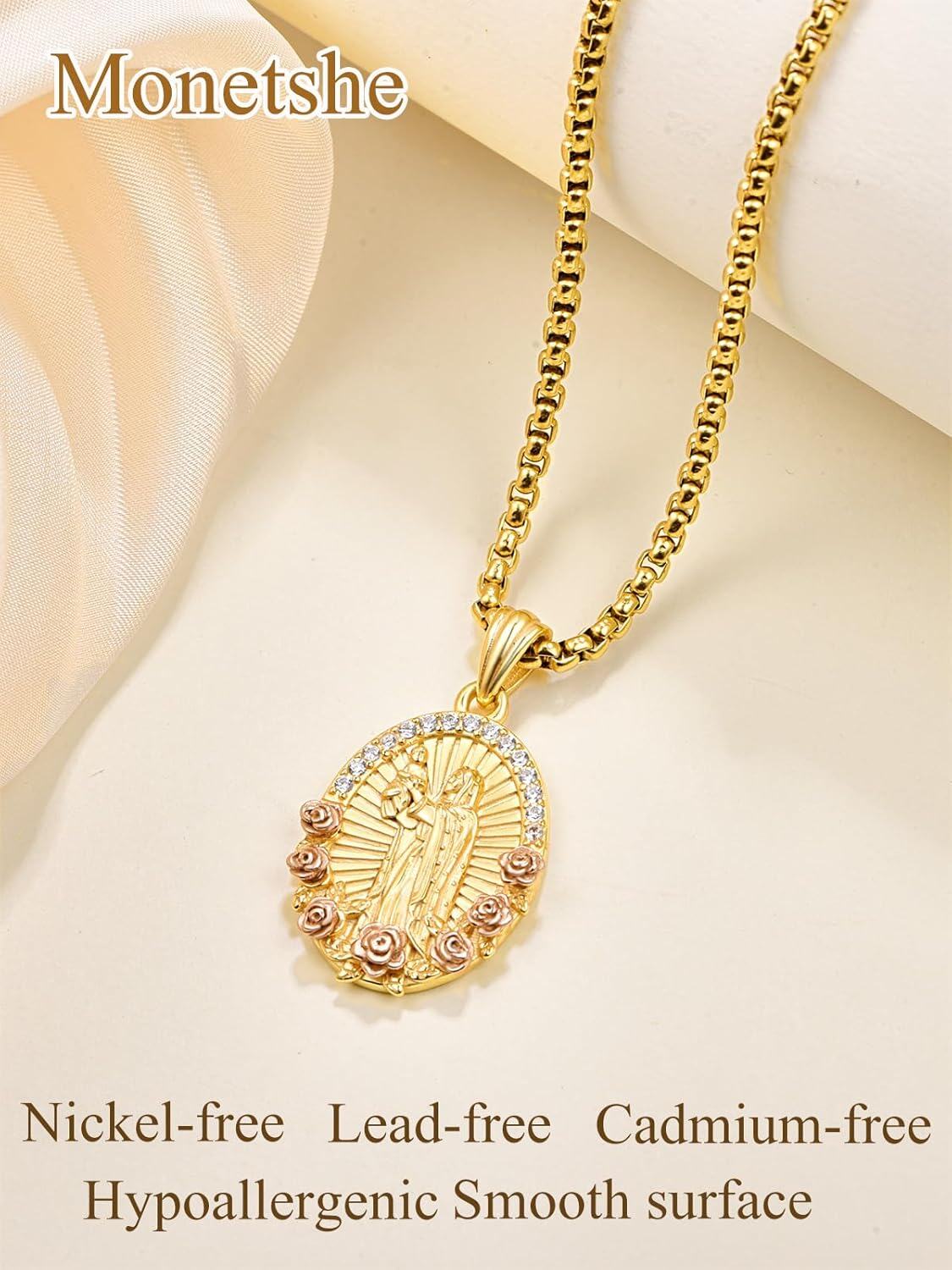 wholesale Gold 925 Sterling Silver Virgin Mary & Child Necklace w/ Rose Accents and Cubic Zirconia Stones on 24 Box Chain-0-3