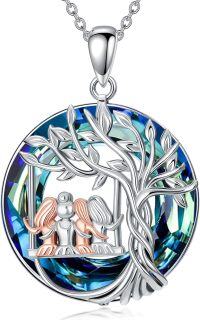 wholesale 925 Sterling Silver & Blue Crystal Tree of Life Sister Necklace – 18\ Rolo Chain, Best Friend Gift for Women, Sensitive Skin Safe-4 Sisters-Blue Crystal
