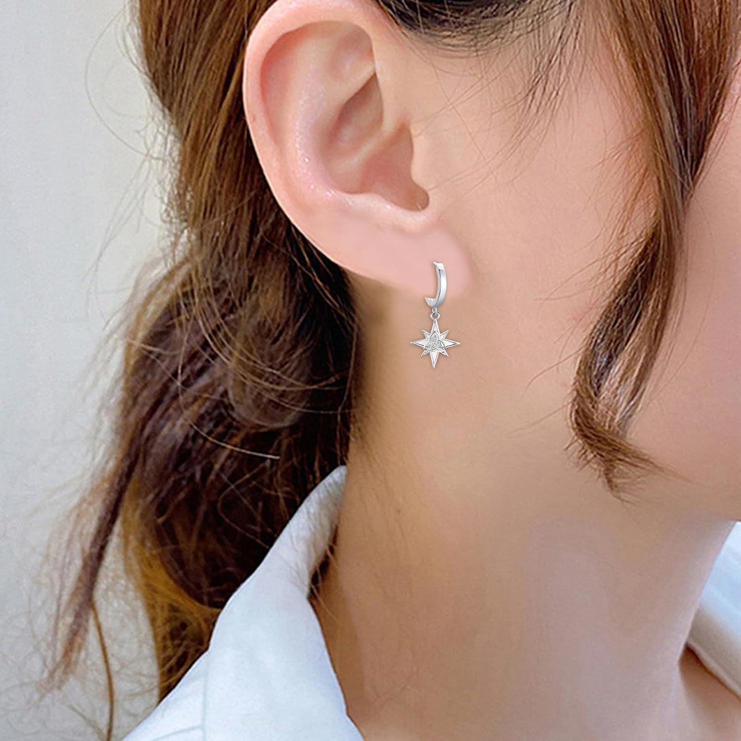 wholesale 925 Sterling Silver Celtic Knot Star Huggie Hoop Earrings with Mother of Pearl Inlay for Women Girls (Hypoallergenic)-0-5