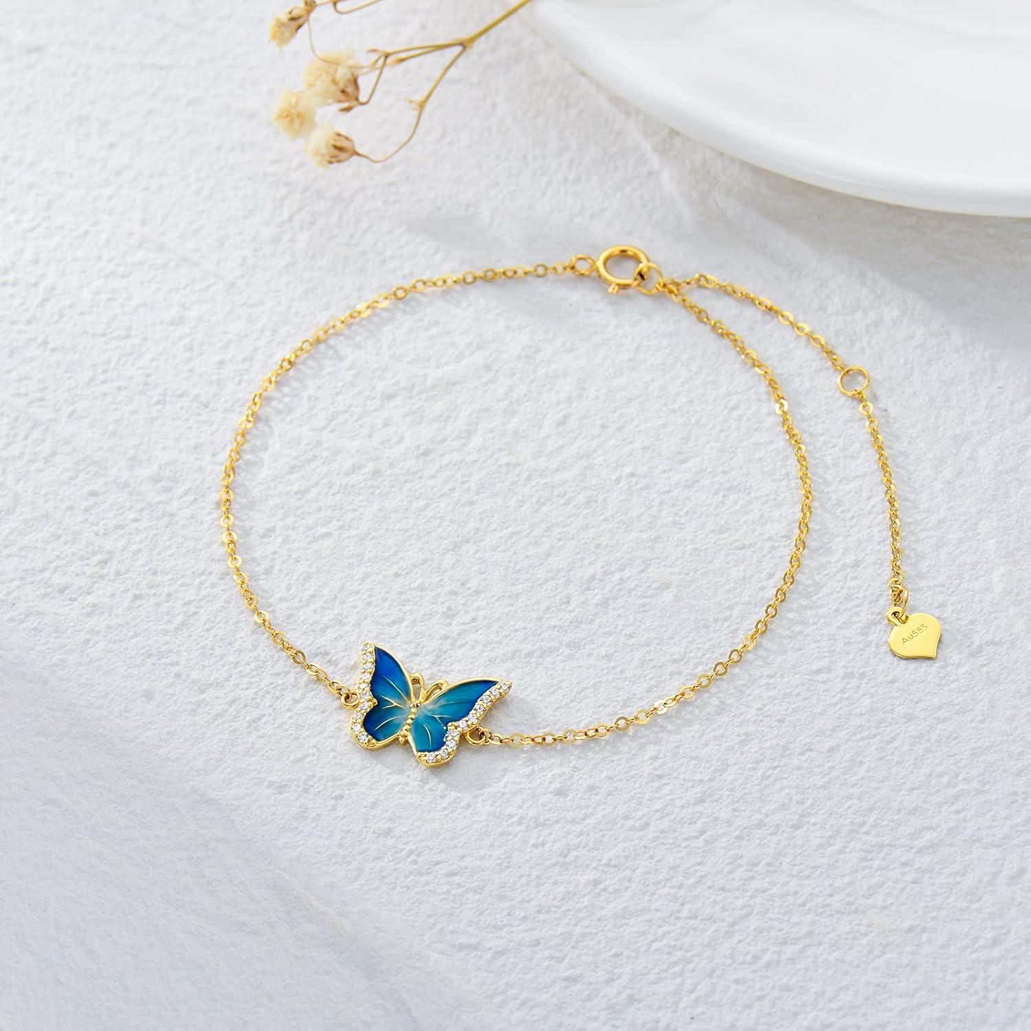 14K Gold Blue Butterfly Anklet for Women Solid 14K Animal Lover Jewelry Gift-0-2