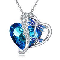 wholesale 925 Sterling Silver Heart-Shaped Dragonfly Pendant with Blue Crystals and Cubic Zirconia Necklaces for Women & Girls'  Set-Dragonfly