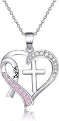 wholesale 925 Sterling Silver Heart Cross Hope Pink Ribbon Pendant Necklace Breast Cancer Awareness Jewelry for Women-0-0