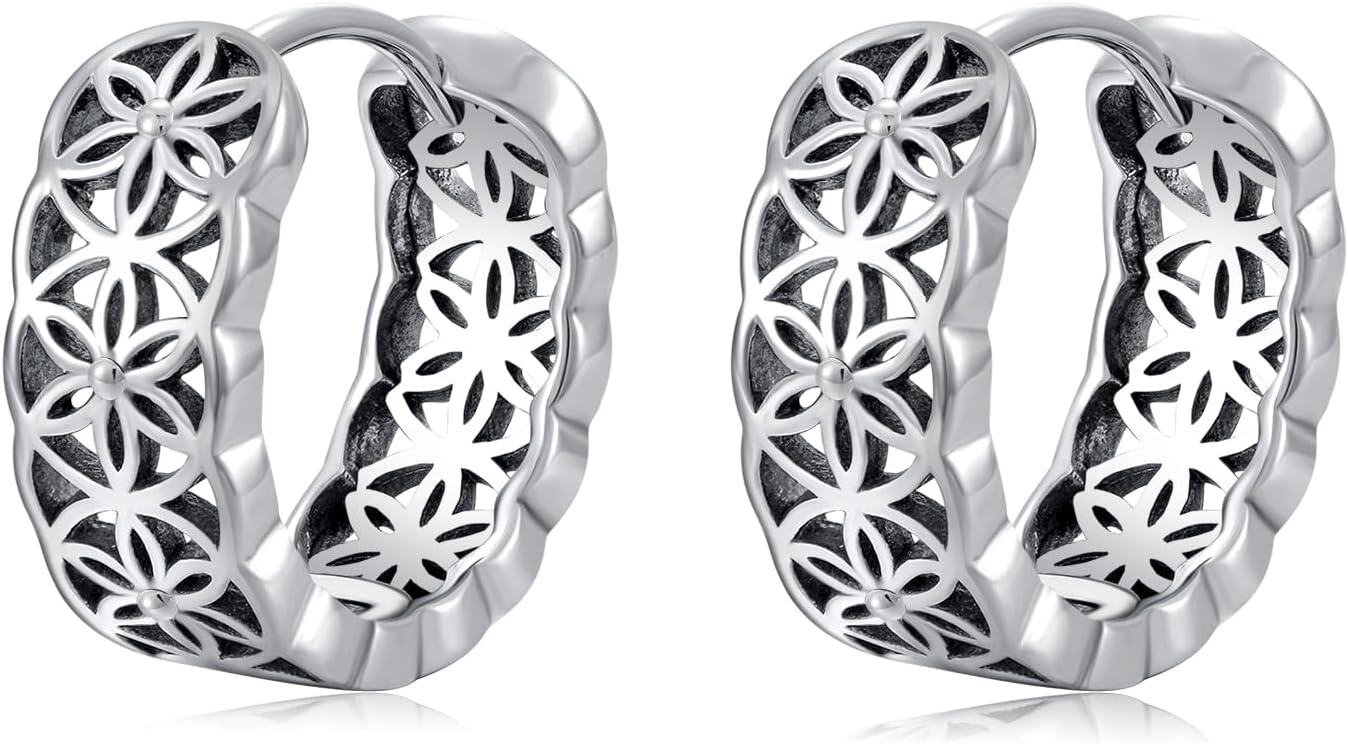 Sterling Silver Horseshoe Flower of Life Kokopelli Tree of Life Huggie Hoop Earrings-Flower of Life
