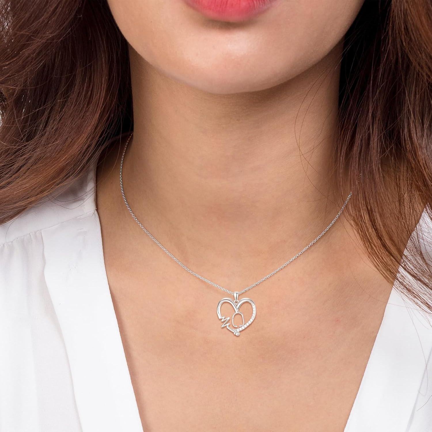 Sterling Silver Heart Caduceus Stethoscope Pendant Necklace for Women-0-3