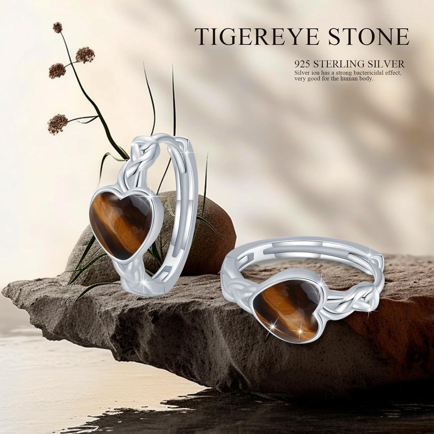 925 Sterling Silver Tiger Eye Stone Celtic Heart Hoop Earrings - Small Huggies  for Her-0-5