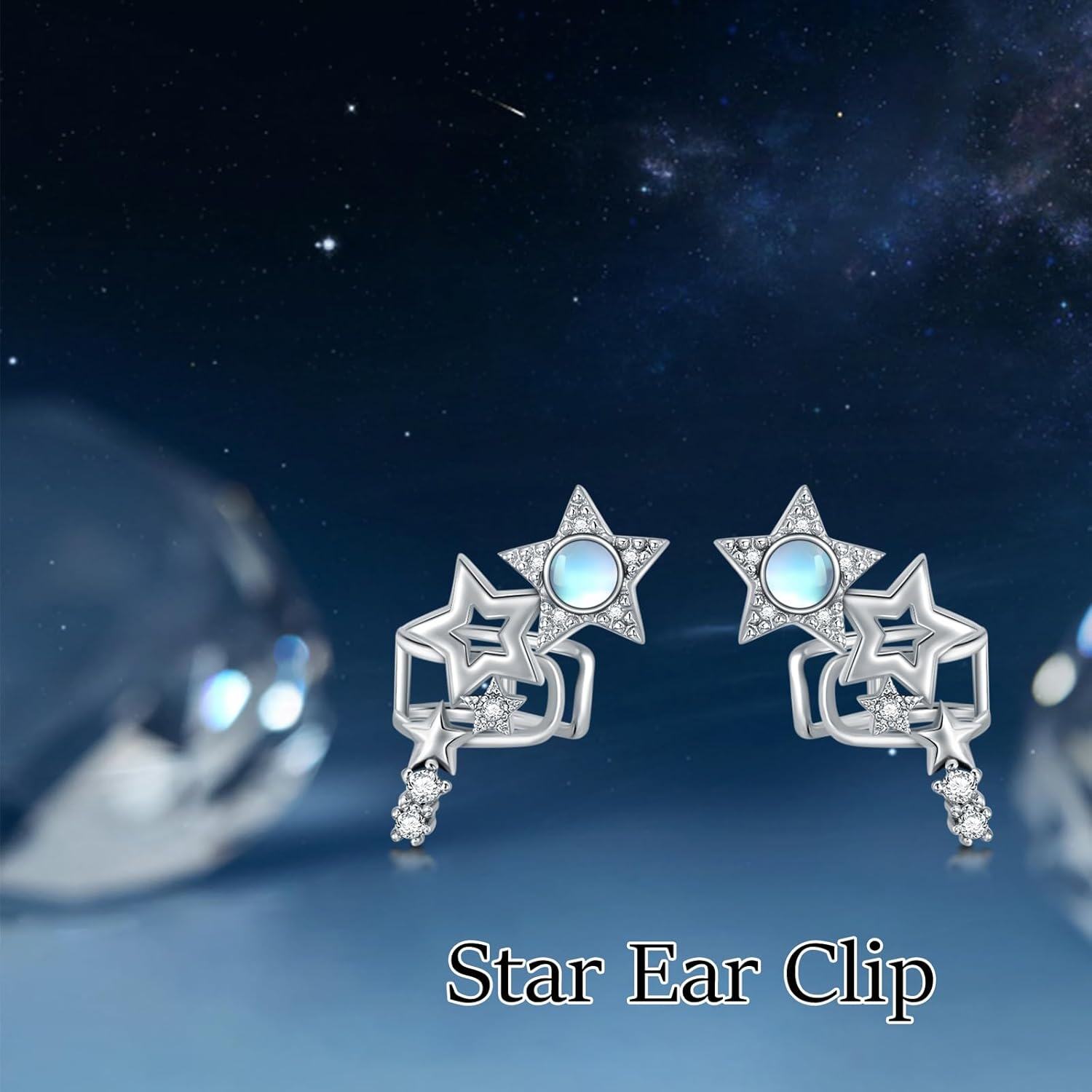 925 Sterling Silver Star Moonstone Studs with Cubic Zirconia for Non-Pierced Ears-0-5