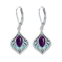 wholesale 925 Sterling Silver Opal & Abalone Shell Filigree Teardrop Dangle Earrings-Amethyst
