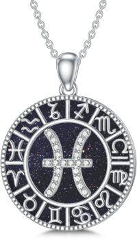 wholesale Sterling Silver Blue Sandstone 12 Zodiac Constellation Necklace for Women Men-12.Pisces（2.19-3.20）