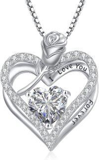wholesale 925 Sterling Silver 12 Birthstone Double Heart Rose Necklace for Her-4-Apr-Diamond