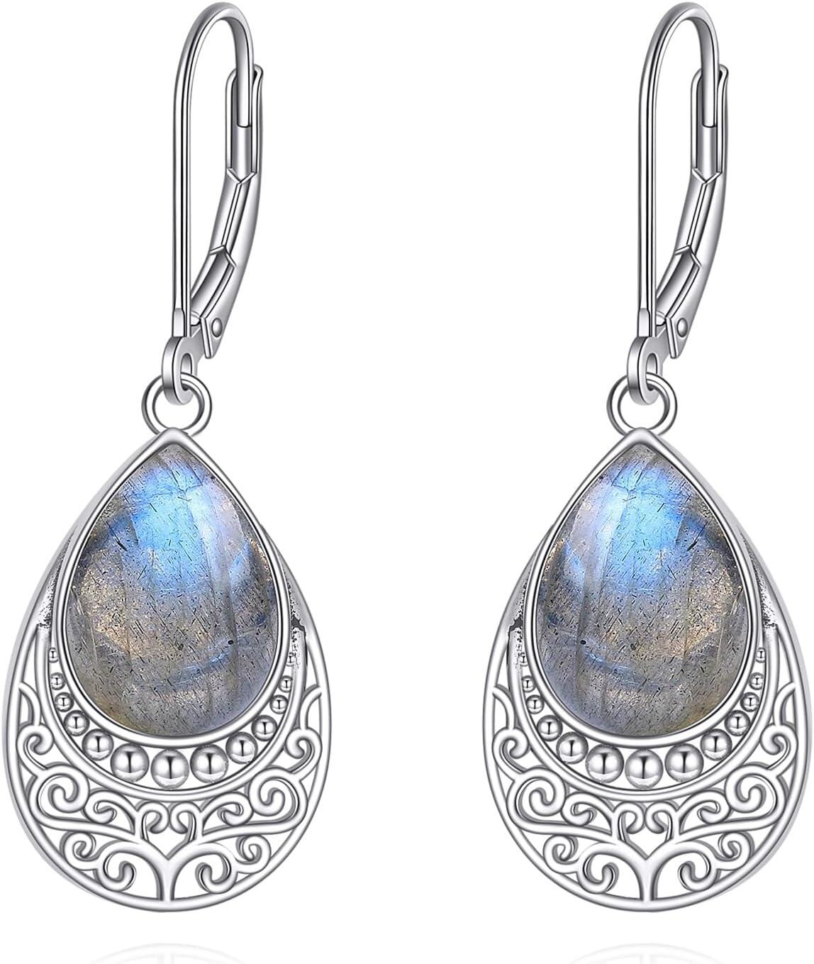 Sterling Silver Moonstone Dangle Drop Earrings Leverback Jewelry-G-filigree labradorite