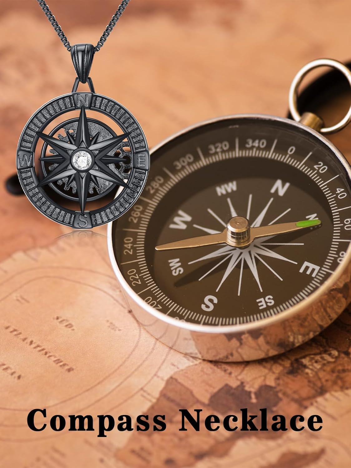 Sterling Silver Stone Compass Necklace for Men Women Travel Talisman Pendant Unique Inspirational Gift for Birthday Christmas Graduation-0-2