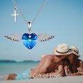 wholesale 925 Sterling Silver Angel Wing Heart Blue Crystal Cross Pendant Necklace-0-4