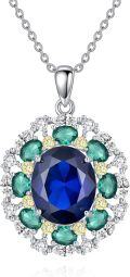 wholesale 925 Sterling Silver White Gold Plated Oval Sapphire & Emerald Halo Pendant Necklace-0-0