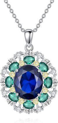 wholesale 925 Sterling Silver White Gold Plated Oval Sapphire & Emerald Halo Pendant Necklace-Sapphire Blue
