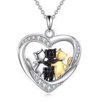 wholesale 925 Sterling Silver Heart-Shaped Multi-Cat Design Pendant Necklace with Cubic Zirconia Stones and Gold Plating for Cat Lovers-A-Three Cat