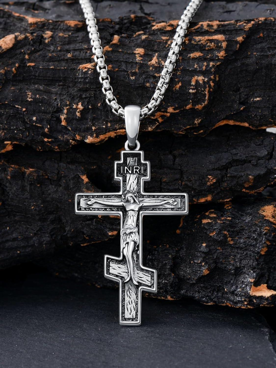 wholesale 925 Sterling Silver Crucifix Cross Pendant Necklace with Stainless Steel Chain for Men & Women - Religious  Set w/ 24 Stainless Steel Chain and Box Packaging-0-4