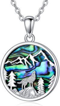 wholesale 925 Sterling Silver Round Mountain Wolf Tree Abalone Shell Pendant Necklace-Wolf