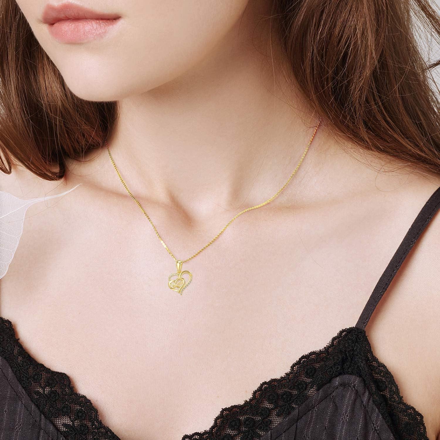 wholesale 14K Gold Double Heart Pendant with Cubic Zirconia and Mom Inscription - Gift for Mother's Day (18 Inches)-0-2