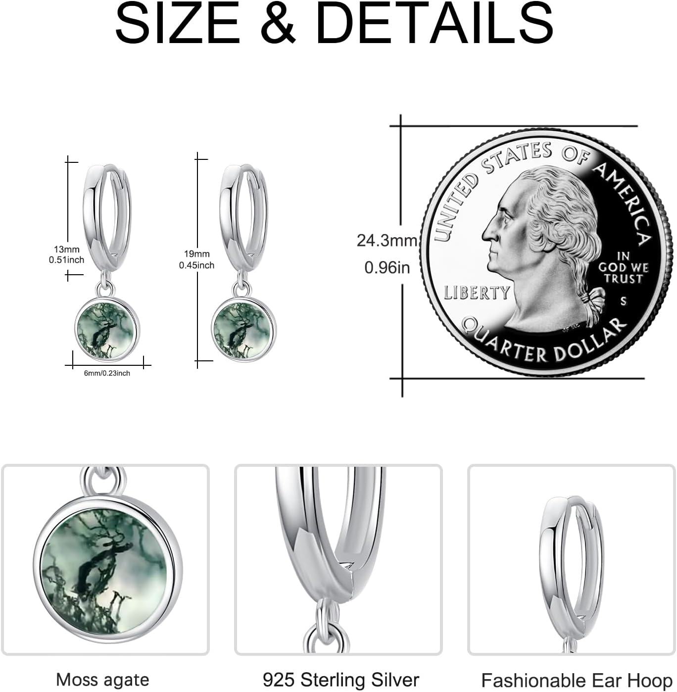 925 Sterling Silver Green Moss Agate Huggie Hoop Earrings with Round Drops-0-4