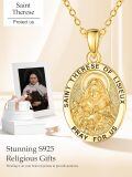 wholesale Gold-Plated 925 Sterling Silver St Therese of Lisieux Medal Necklace with Pray For Us Inscription and Roses Design - Catholic Gift for Women (18+2) Chain-0-5