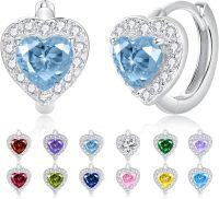 wholesale 925 Sterling Silver Cubic Zirconia 12 Birthstone Heart Huggie Hoop Earrings Valentine Wedding Gifts-03-Mar.