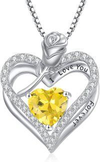 wholesale 925 Sterling Silver 12 Birthstone Double Heart Rose Necklace for Her-11-Nov-Citrine