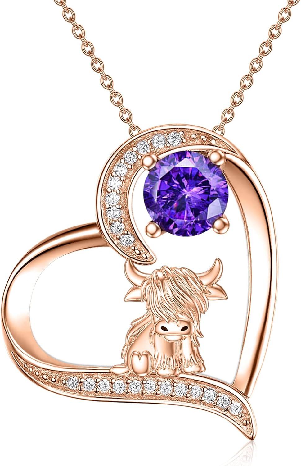 Sterling Silver Highland Cow Birthstone Necklace Jewelry Gifts for Women Girls-2-02--2-02-