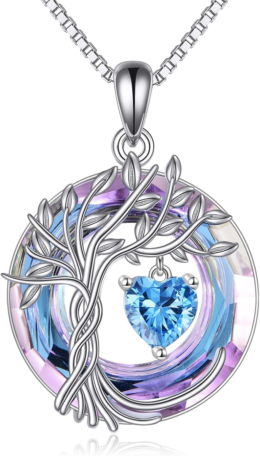 Sterling Silver Crystal Tree of Life Necklace for Women-12-Dec-Blue Topaz