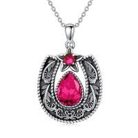 wholesale 925 Sterling Silver Western Retro Filigree Horseshoe Pendant with Gemstone 18+2 Chain for Women-July-Ruby