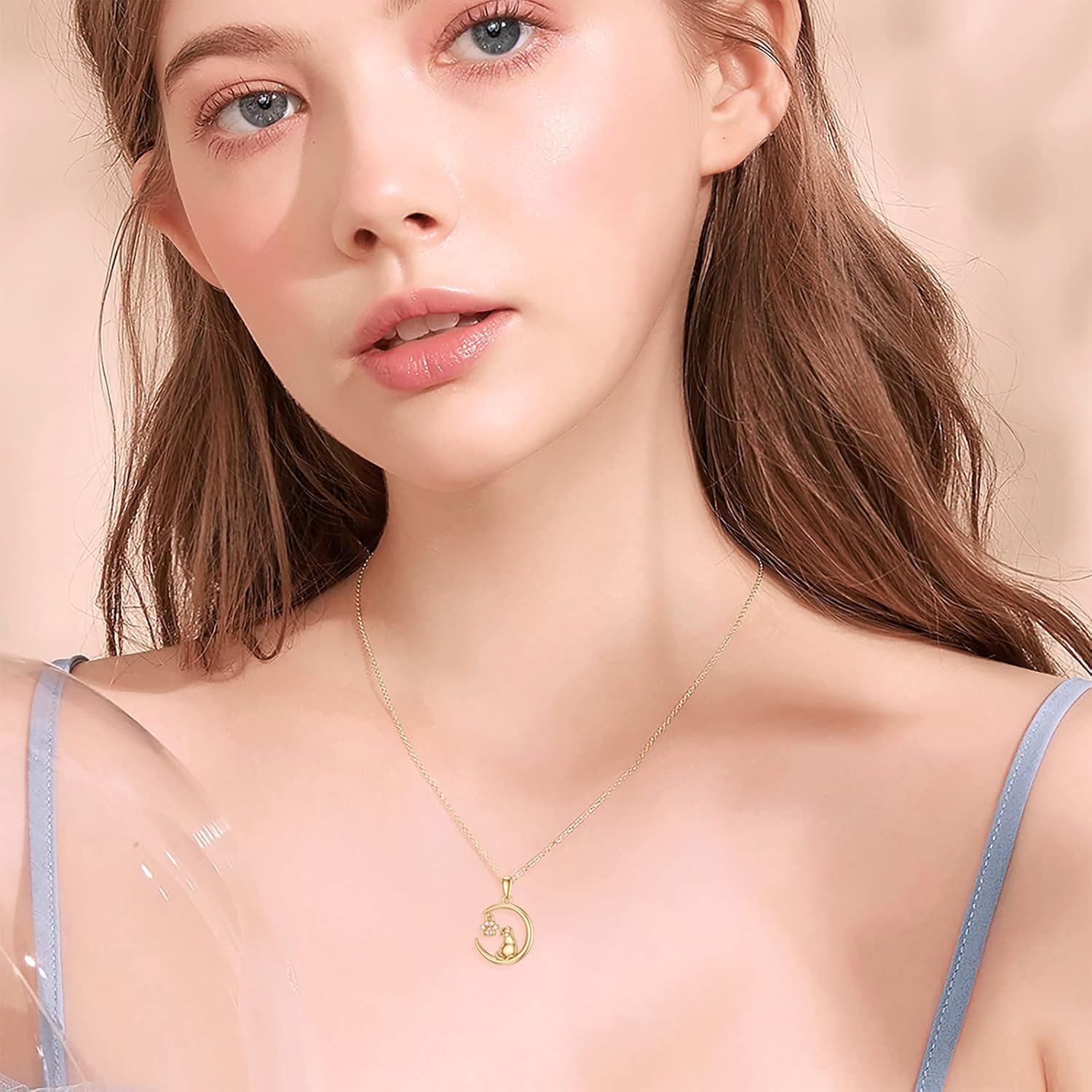 wholesale 14K Gold CZ Cat and Paw Print on Crescent Moon Pendant Necklace for Women s-0-3