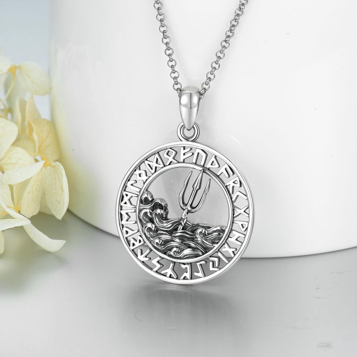 wholesale 925 Sterling Silver Trident Pendant with Waves and Rune Design on Round Medallion Necklace - 3 Sizes Available-0-1