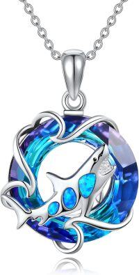 wholesale 925 Sterling Silver Blue Opal Sea Life Charm Necklace with Sharks & Dolphins Pendant-Shark