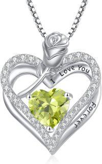 wholesale 925 Sterling Silver 12 Birthstone Double Heart Rose Necklace for Her-8-Aug-Peridot