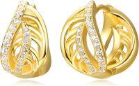 wholesale Gold-plated 925 Sterling Silver Hoop Earrings with Cubic Zirconia and Twist Design for Women-feather cz hoop