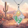 wholesale 925 Sterling Silver Desert Sun Cactus Pendant Necklace with Green Enamel and Gold Accents-0-4