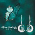wholesale 925 Sterling Silver Butterfly Crescent Moon Drop Earrings with Green and Blue Enamel Accents-0-5