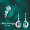 wholesale 925 Sterling Silver Butterfly Crescent Moon Drop Earrings with Green and Blue Enamel Accents-0-5