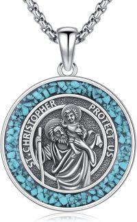 wholesale 925 Sterling Silver Turquoise St Christopher Protect Us Medal Pendant Necklace Catholic s for Men & Women-A02-Saint Christopher(Turquoise Gravel)