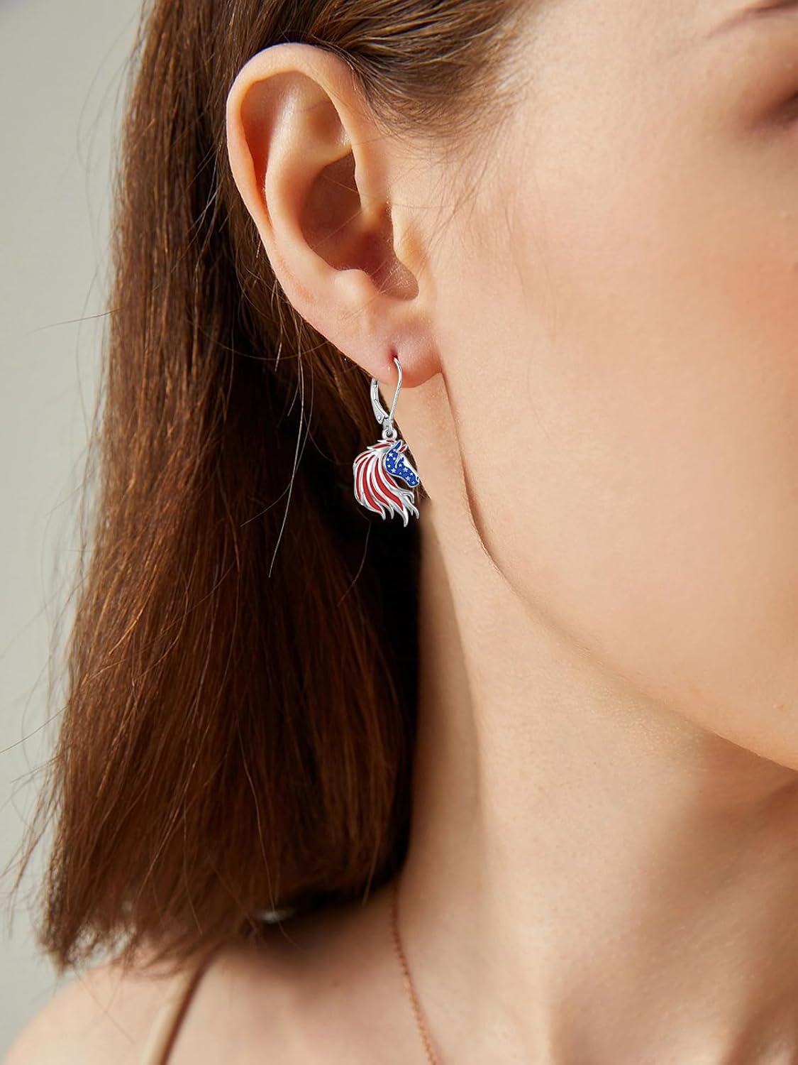 wholesale 925 Sterling Silver Metal Horse Head American Flag Leverback Drop Earrings for Women USA Independence Day-0-3