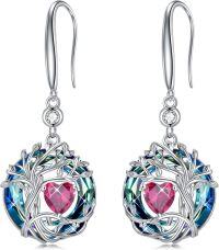 wholesale 925 Sterling Silver Austrian Crystal Tree of Life Birthstone Dangle Earrings for Women-07-Jul-Ruby