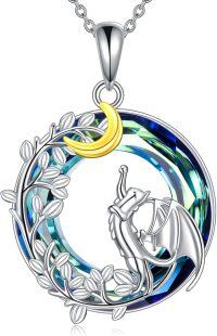 wholesale 925 Sterling Silver Metal Crystal Dragon Moon Pendant Necklace with Blue Green Stone and Gold Plated Details for Women Girls  48cm Chain Length-Cat B