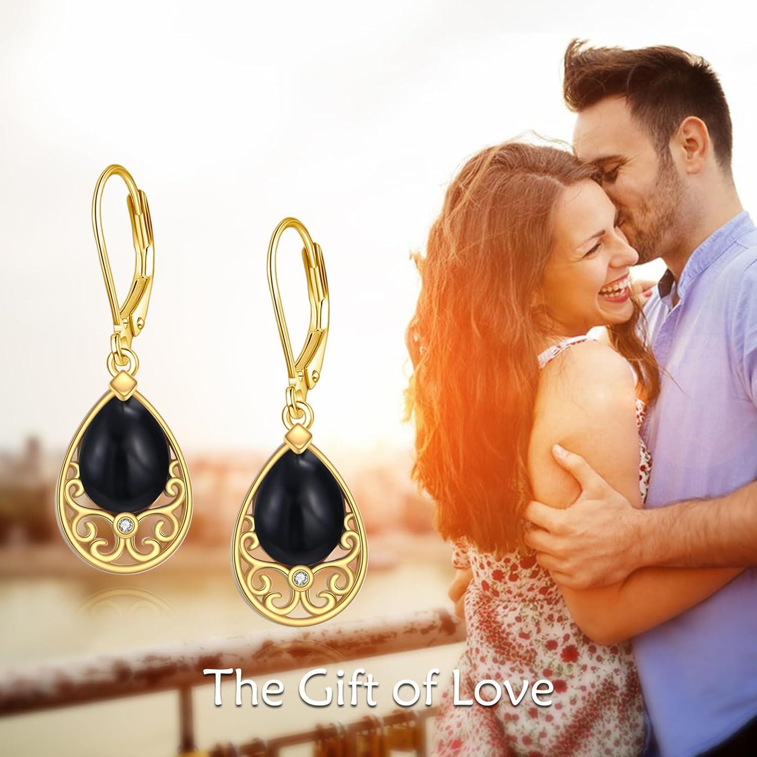 14K Gold Plated Sterling Silver Black Onyx Dangle Leverback Earrings-0-5