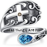 wholesale Sterling Silver with 12 Teardrop Birthstones Vintage Cross Spoon Ring With God All Things Possible Adjustable Faith Ring-December