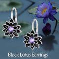 wholesale 925 Sterling Silver Purple Crystal Black Enamel Lotus Flower Teardrop Dangle Leverback Earrings for Women-0-2
