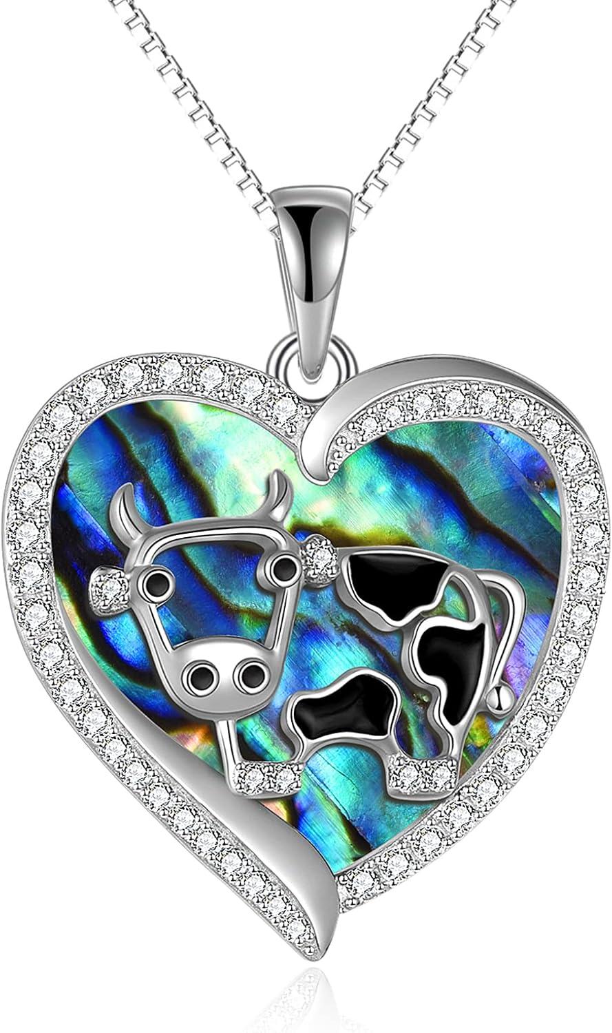 Sterling Silver Cow Necklace Jewelry Gift for Women Girls Mom Sister -Abalone Shell Cow